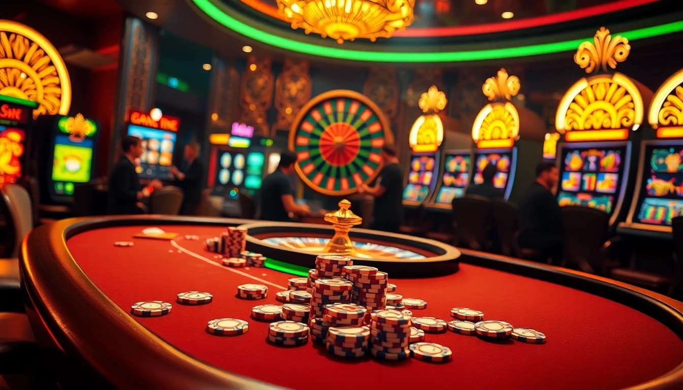 KJC gaming atmosphere with poker table, roulette wheel, and slot machines in vibrant colors