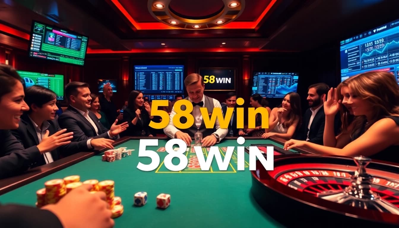 Experience the excitement of 58win at a high-stakes casino table surrounded by vibrant gaming elements.