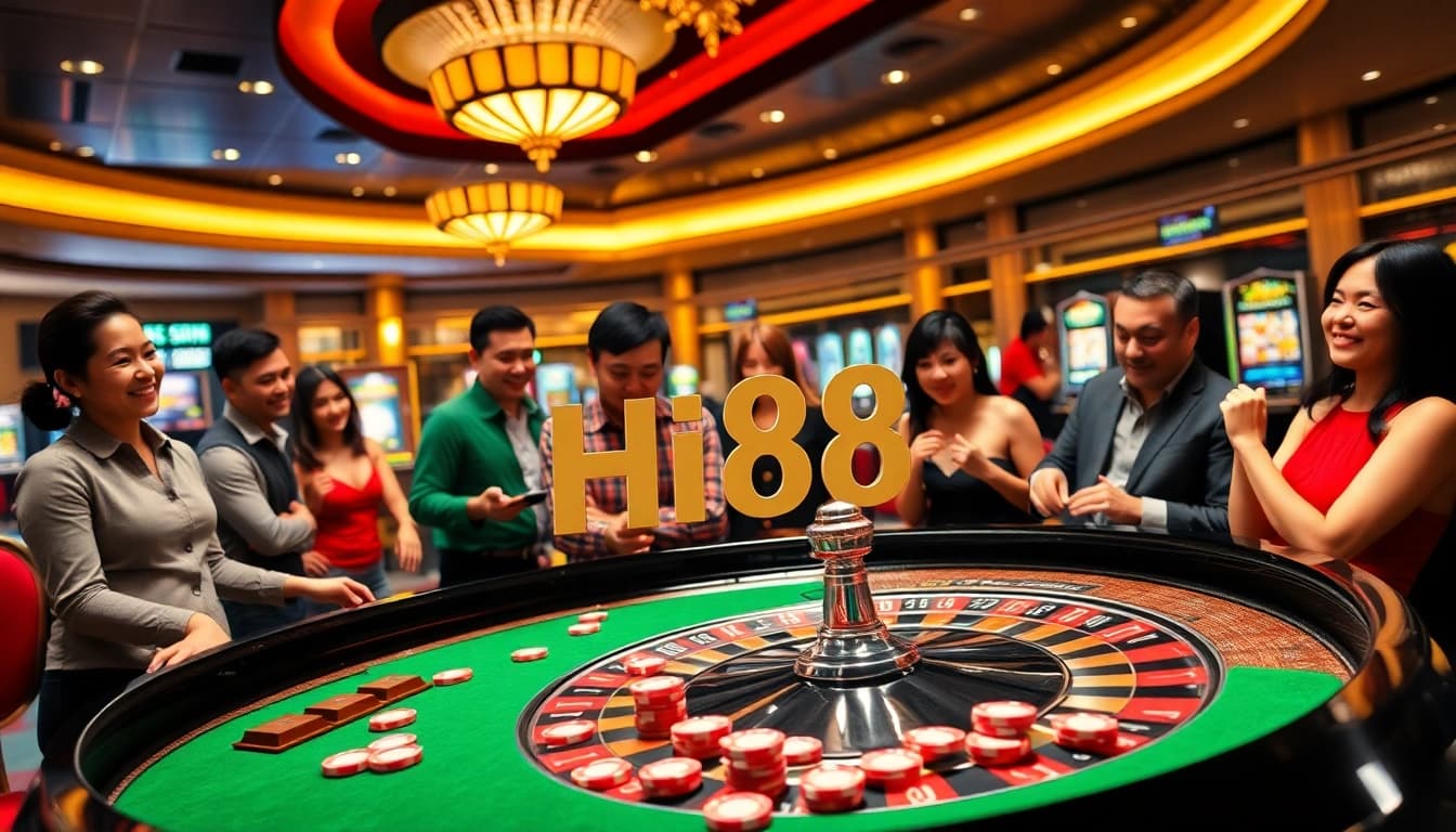 Experience the thrilling atmosphere of Hi88 casino with vibrant games and lively gamblers.