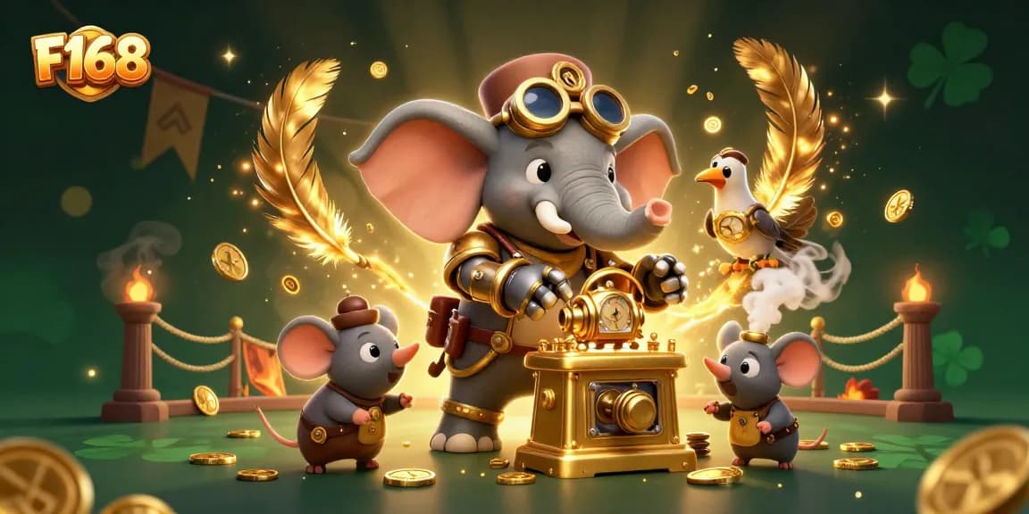 Experience the thrill with F168 as the steampunk elephant operates a vibrant slot machine in an immersive casino scene.