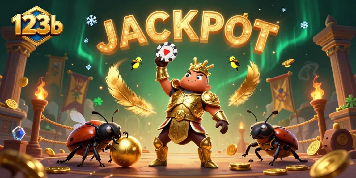 Win big with 123b in this vibrant casino scene featuring a hercules beetle in armor.