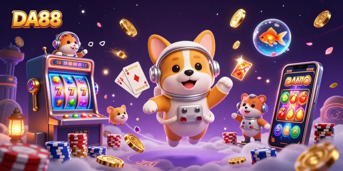 DA88: Engaging scene of a floating corgi in a vibrant space casino, complete with slot machines and golden coins.