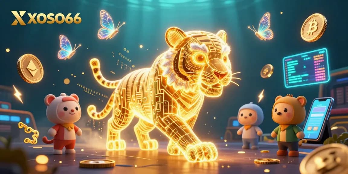 XOSO66 engages players with a neon tiger in a vibrant digital casino landscape, surrounded by crypto coins and data streams.