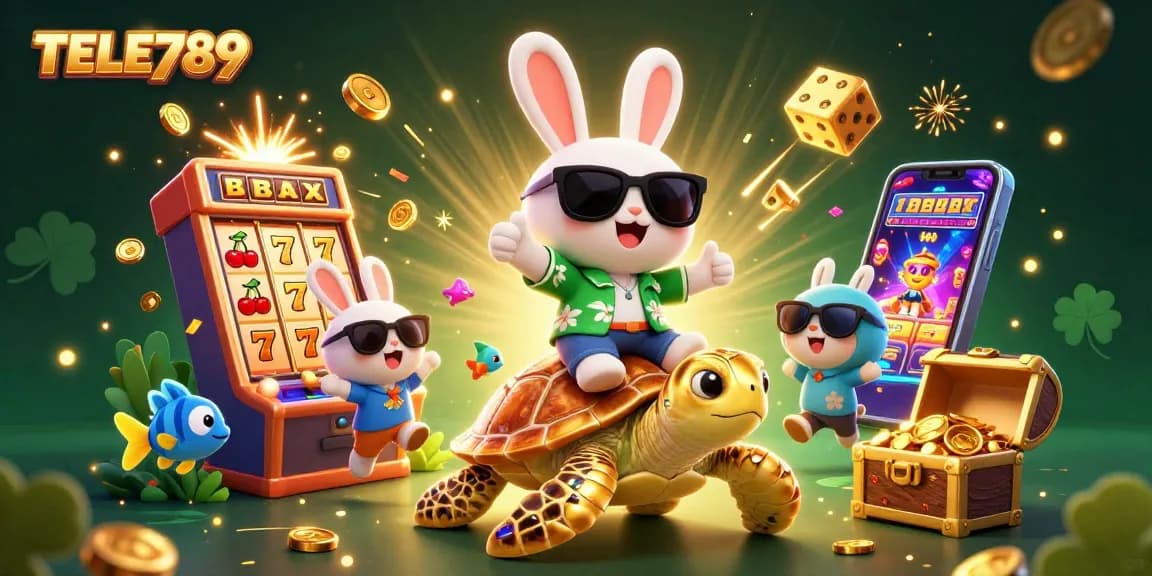Experience thrilling gameplay at TELE789 with captivating illustrations of a lucky rabbit and golden turtle.