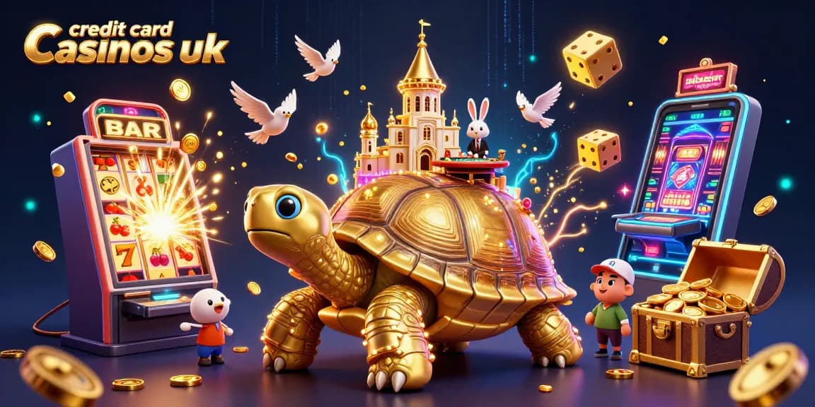 Engaging illustration of credit card casinos UK with vibrant golden tortoise, rabbit dealer at a casino table, and dynamic game elements.