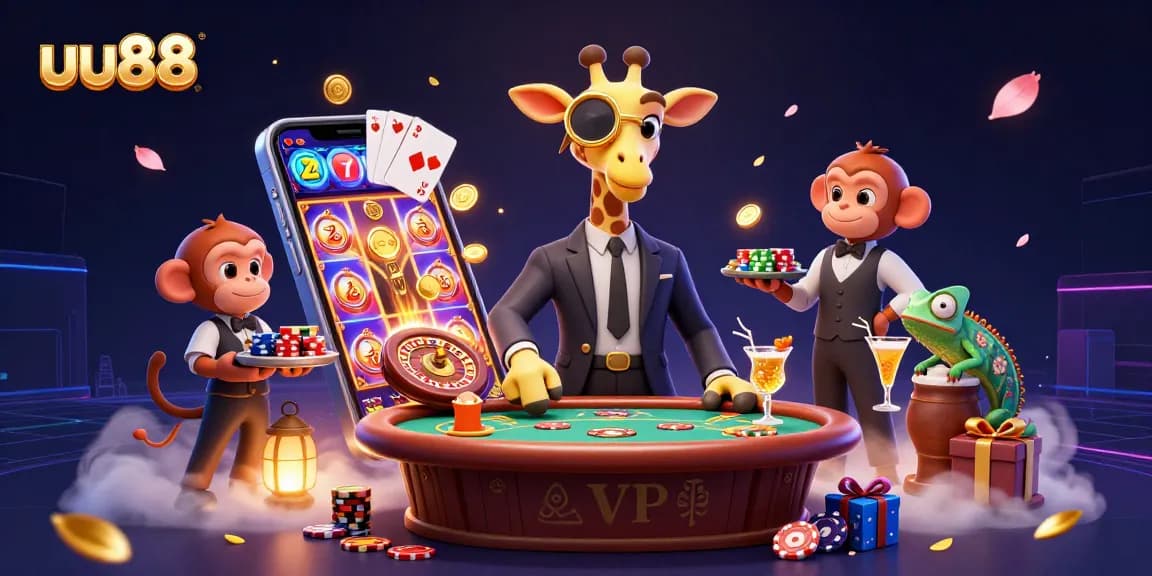Experience luck and excitement at uu88 with a lively 3D casino scene featuring vibrant characters and games.