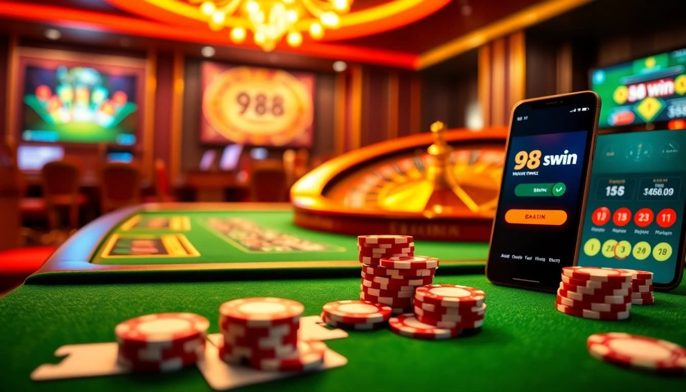 Catching the excitement of 98win as players engage at a luxury casino table with chips and cards.