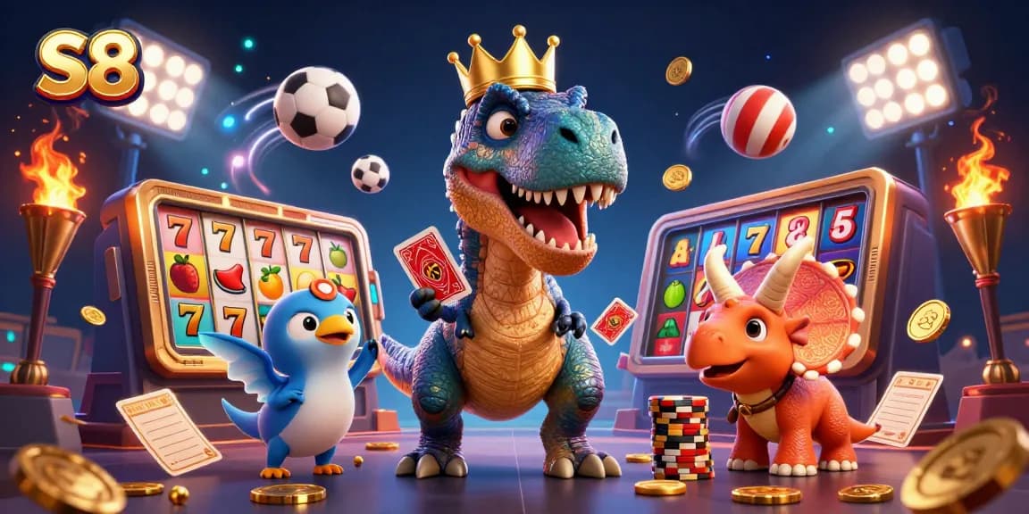 S8 offers an engaging slot experience with a cartoon dinosaur and animated casino elements.
