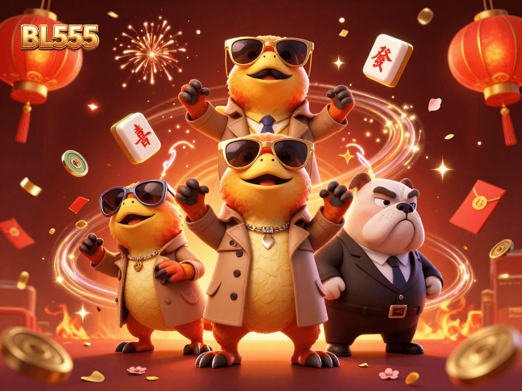 Experience the excitement of BL555 gambling with vibrant casino elements and 3D cartoon characters.