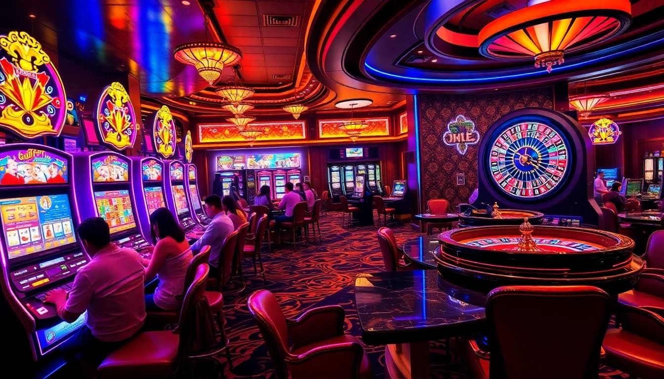 Players enjoying vibrant slot machines and roulette in a luxury casino atmosphere at https://ph22.net.ph/.