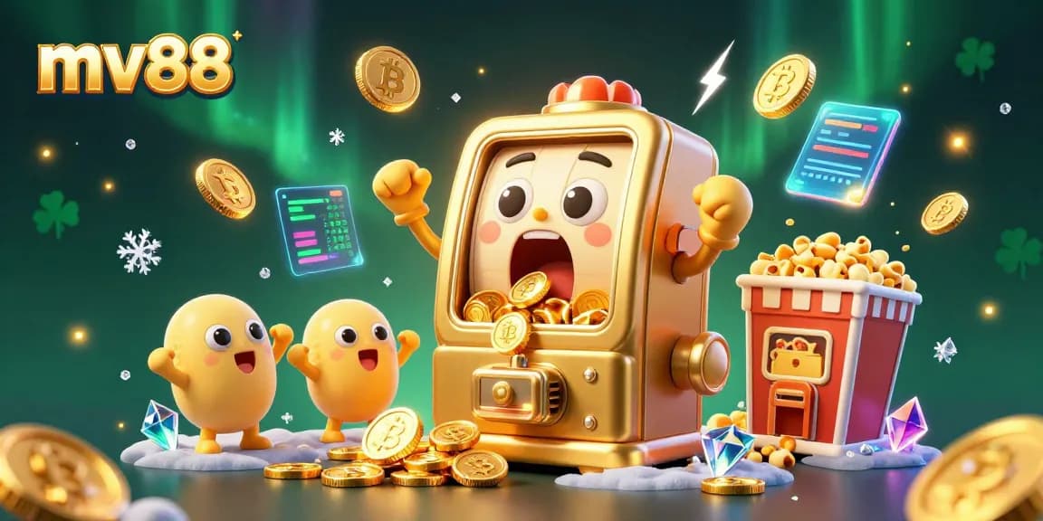 Engage with mv88's exciting gameplay as a golden slot machine hits a jackpot amidst dazzling game elements and crypto coins.