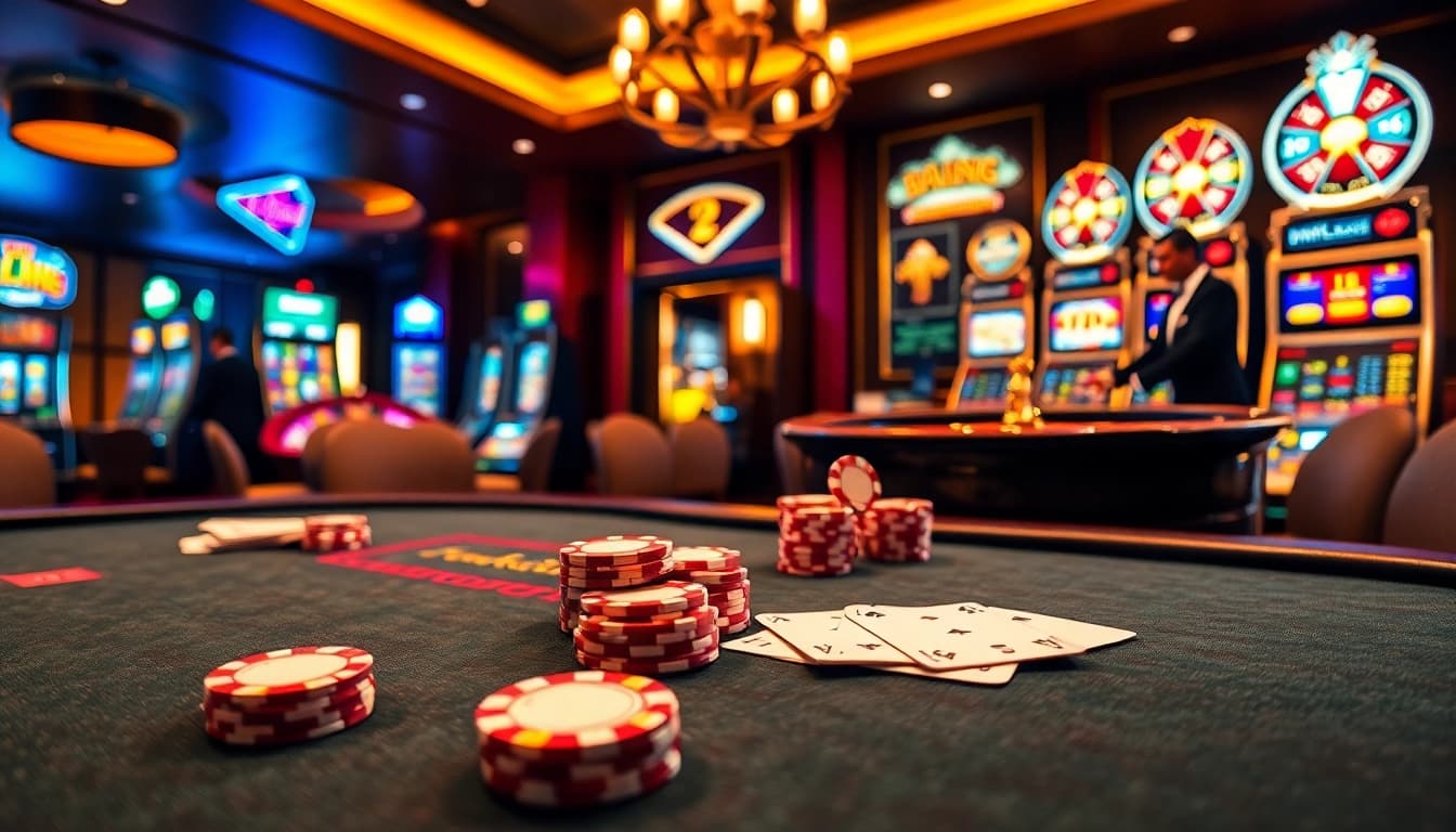 KP88 casino gaming scene featuring vibrant slot machines and poker action.