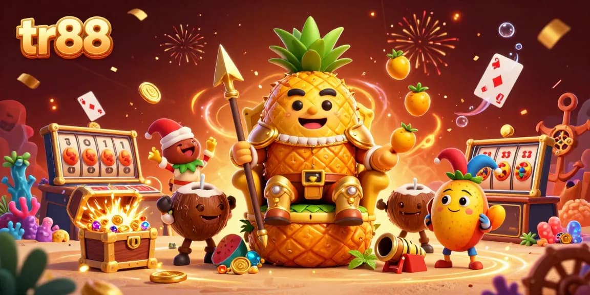 Experience vibrant gaming excitement at tr88 with a golden pineapple king in a beach casino bursting with gems and confetti.