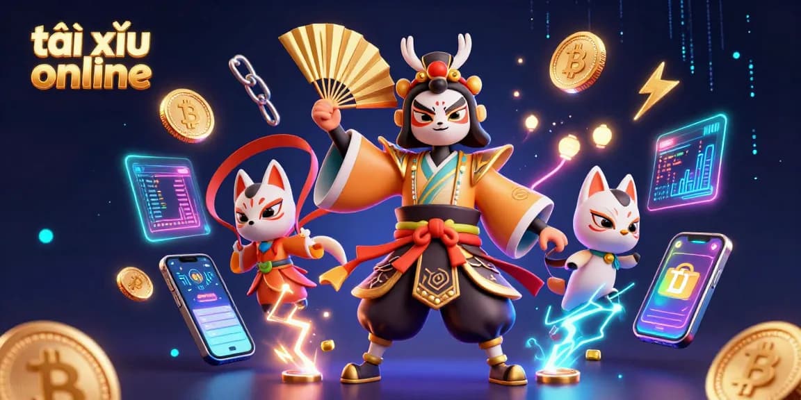 Experience exciting tài xỉu online gameplay with our vibrant 3D illustration showcasing characters and crypto elements.