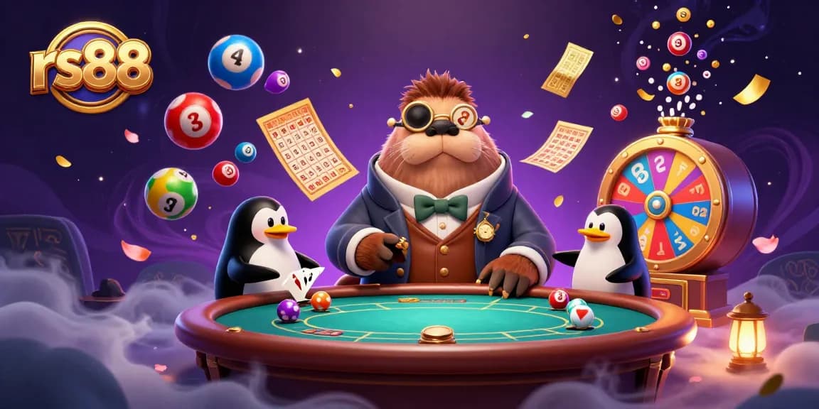 Enjoy playful gambling fun at rs88's underwater poker showdown amidst vibrant lottery elements.