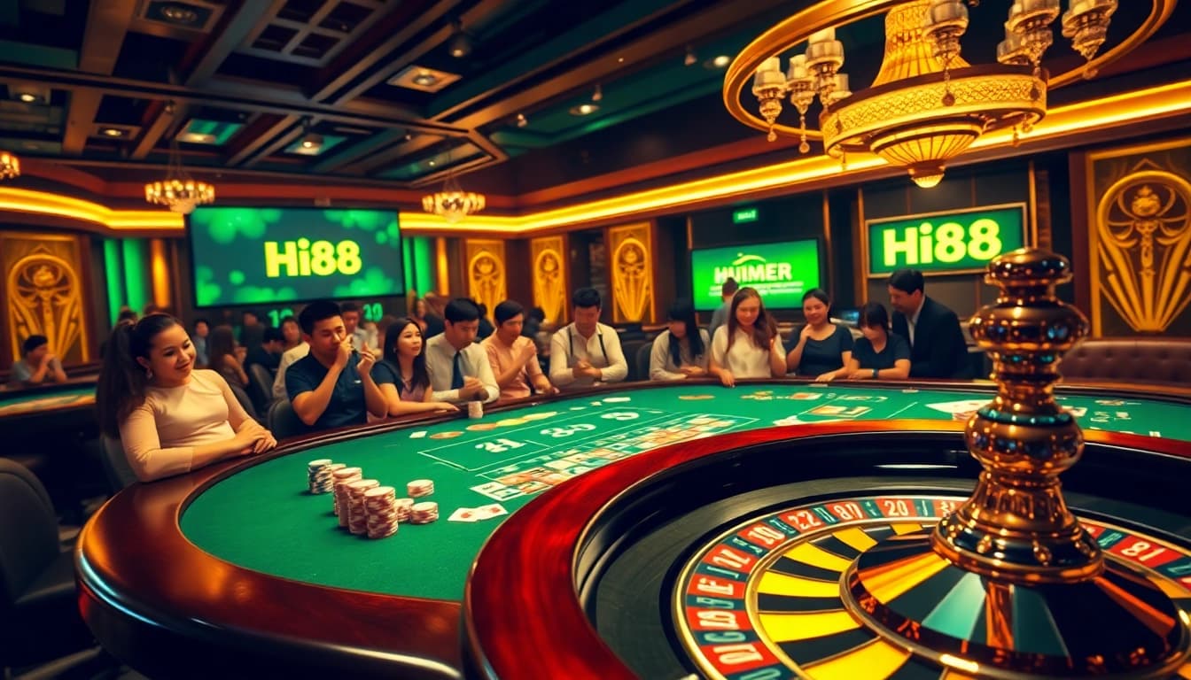 Exciting poker game scene featuring Hi88 branding and colorful poker chips.