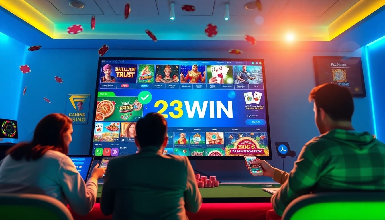 23WIN online gaming platform showcasing diverse players and vibrant casino games in a secure setting.
