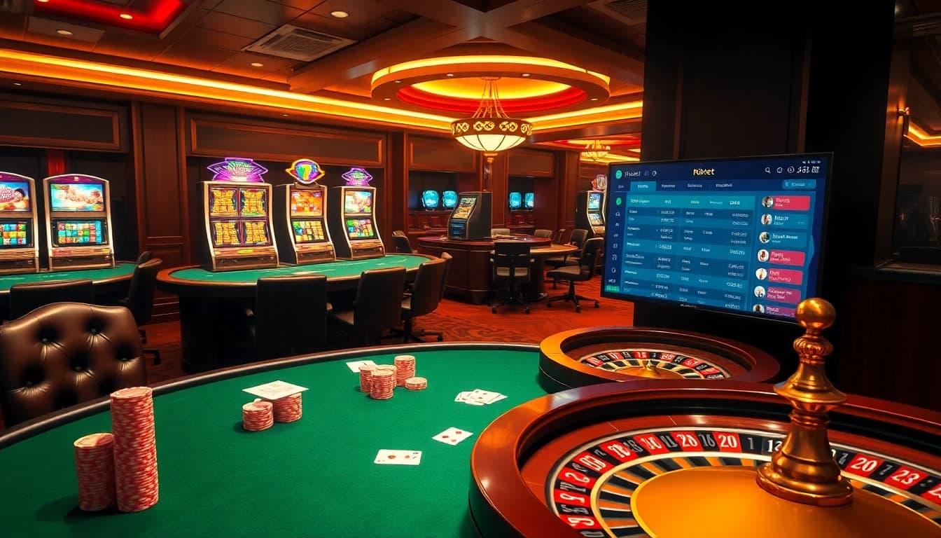 Exciting casino atmosphere with poker chips at Rikbet's gaming table.