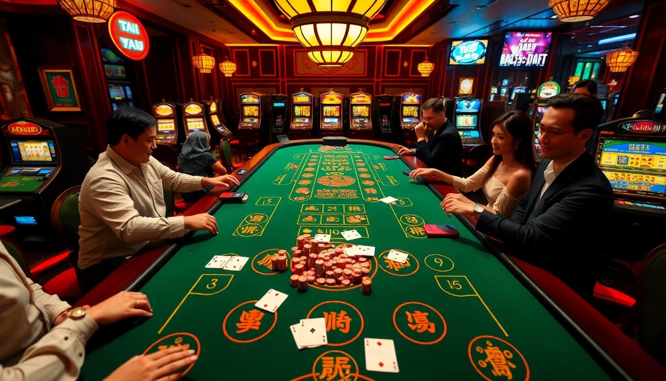 Tài Xỉu MD5 game table surrounded by enthusiastic players enjoying their bets and winnings in a vibrant casino.