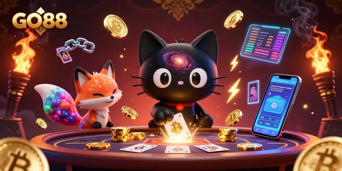 Experience the thrill of GO88 with cosmic characters attracting golden chips and cards in a vibrant casino atmosphere.