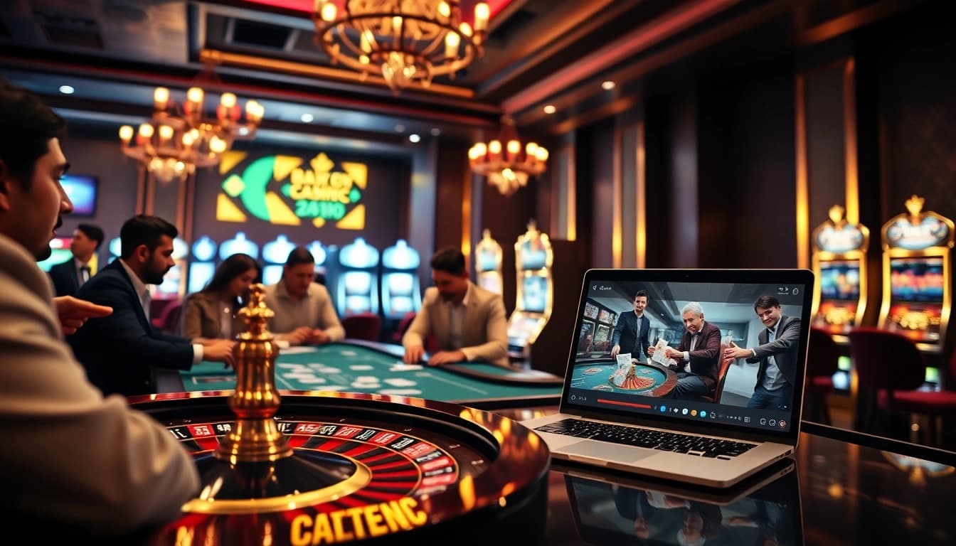 Engaged players at a luxury casino exploring lodetructuyen platform with vibrant table games and slot machines.