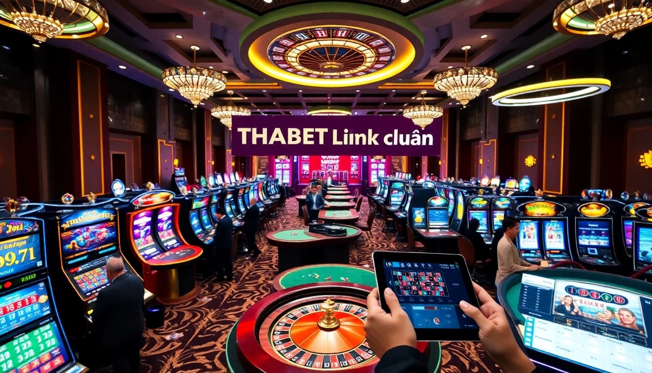 Experience the thrill of online gambling with THABET link chuẩn on a vibrant casino floor.