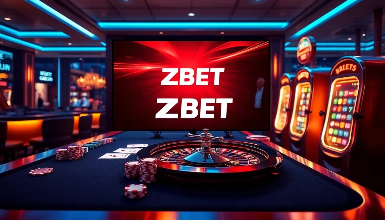 ZBET online gambling interface featuring casino tables, poker chips, and a vibrant roulette wheel.