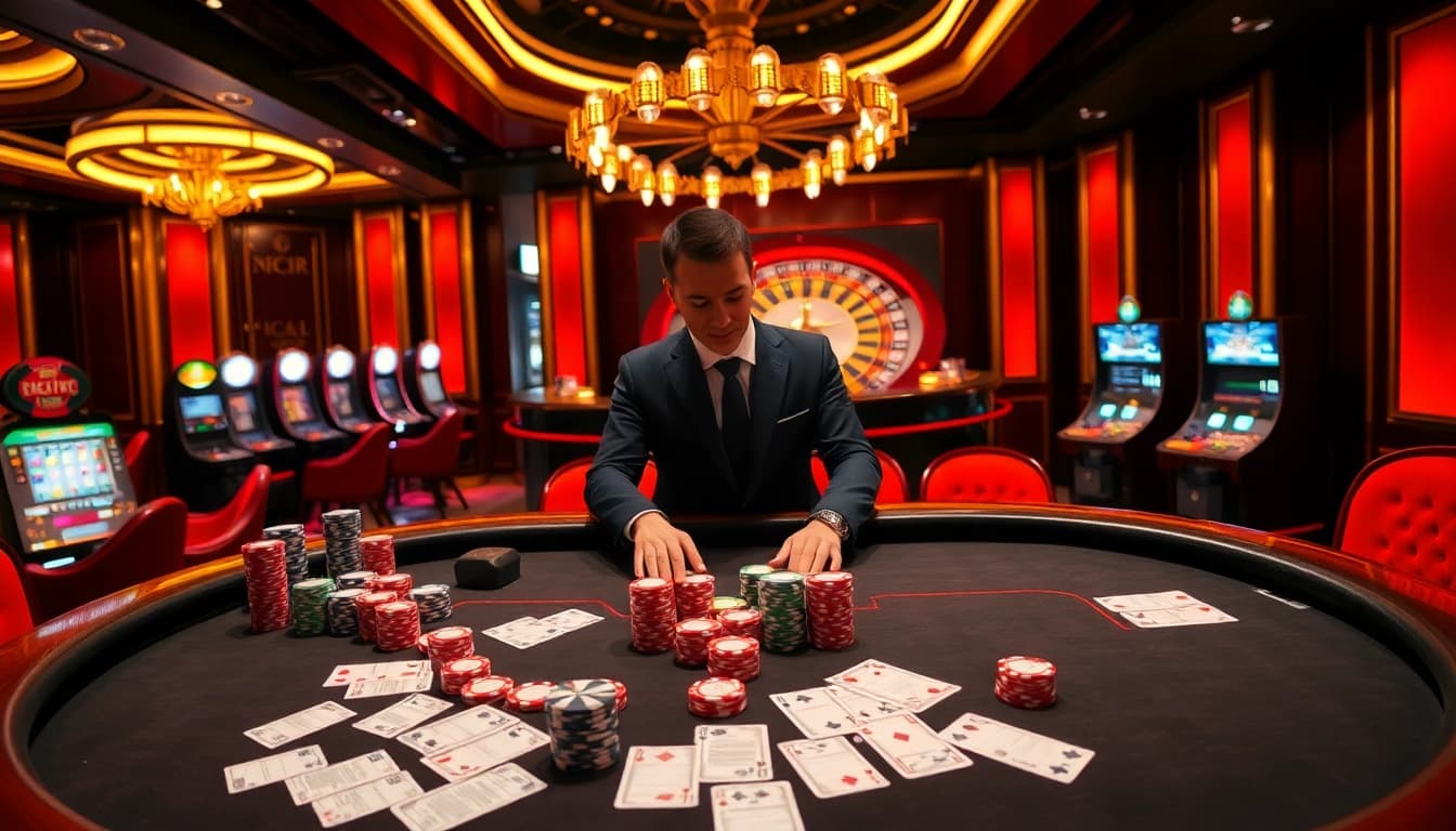 Engaging scene at Nhà Cái DEBET featuring a thrilling poker game with vibrant colors and luxurious casino atmosphere.