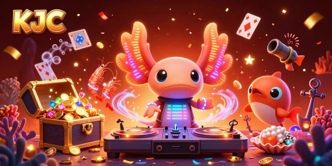 KJC unveils a vibrant illustration with an axolotl DJ and aquatic creatures in a lively casino scene.