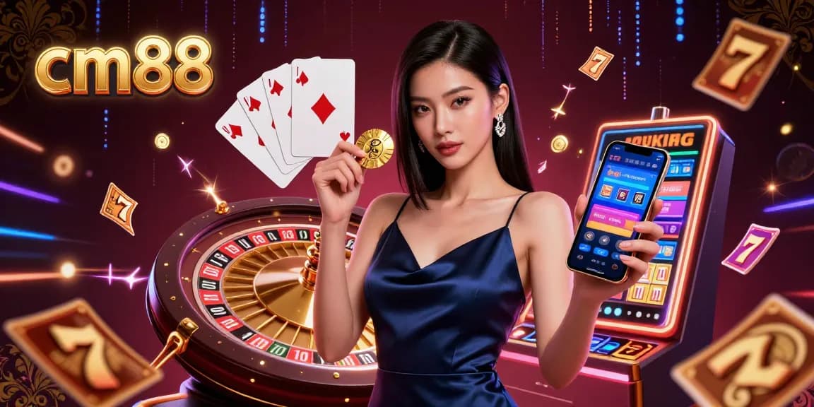 Win big at cm88 with jackpot slots, showcasing a confident woman gambling online.