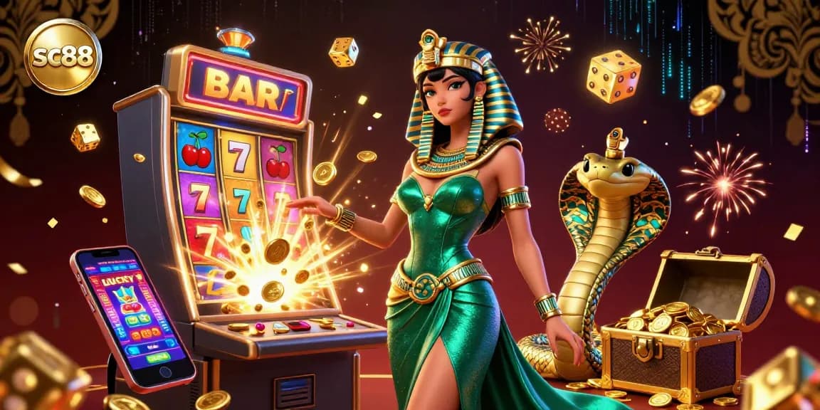 Engage in thrilling casino excitement with sc88 featuring a glamorous woman, golden cobra, and dynamic game elements.