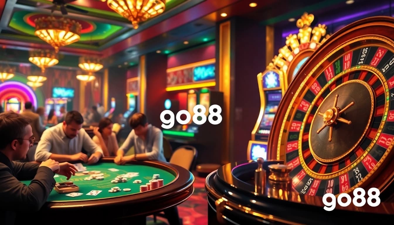 Experience the excitement of go88 gaming with players engaged in poker at a luxurious casino.