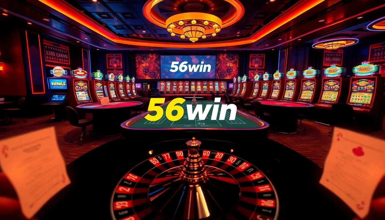 Exciting online gambling experience with 56win brand, featuring casino tables and vibrant games.