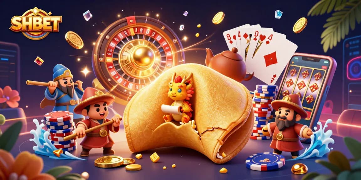 Win big at SHBET with a magical 3D casino scene featuring golden coins and vibrant game elements.