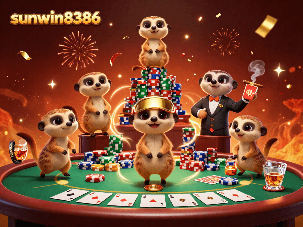 Experience the thrill of sunwin8386 as meerkats manage a vibrant casino, showcasing poker action and lively atmosphere.