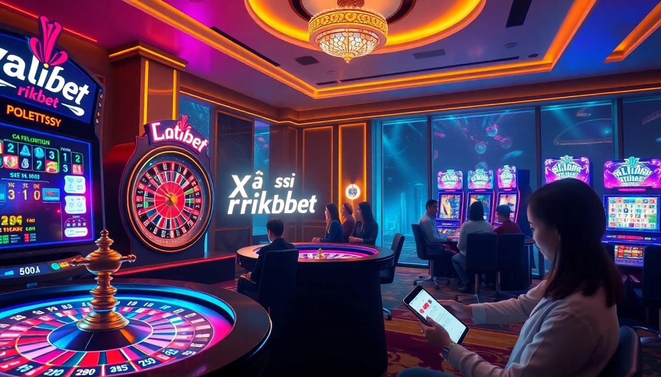Xổ số rikbet lottery players engaging with vibrant digital gaming in a luxurious casino setting.