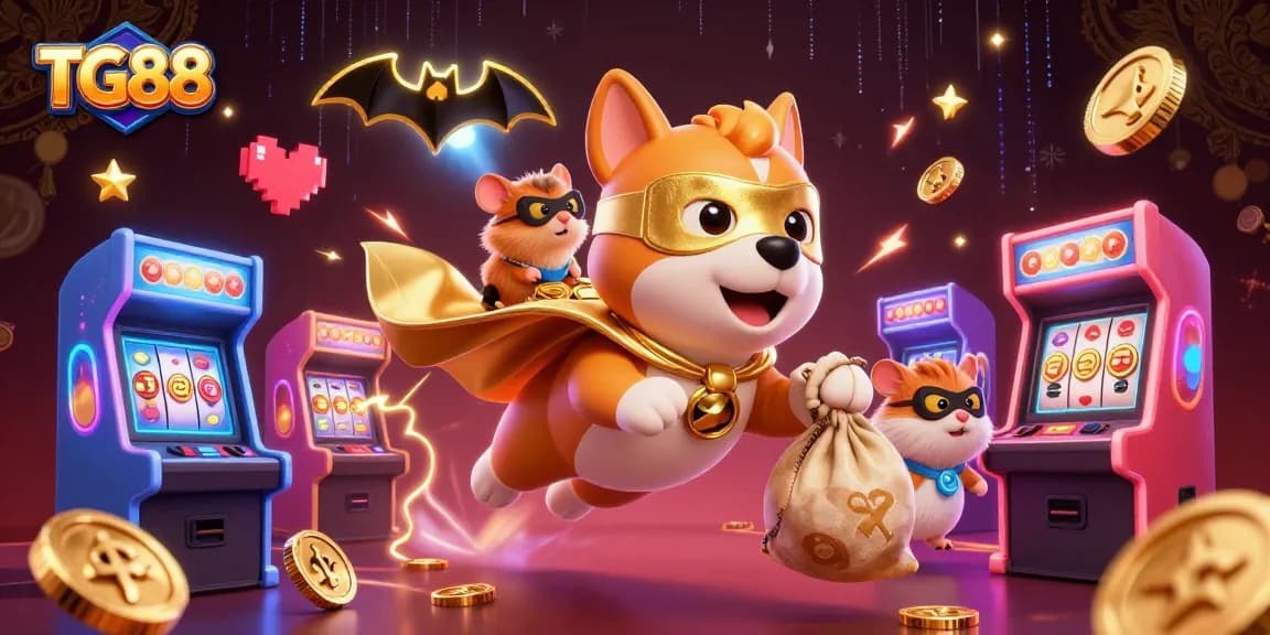 Experience exciting gambling at TG88, featuring a superhero dog with gold coins and vibrant casino elements.