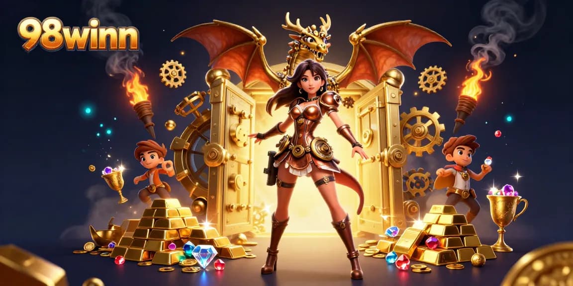 Win big at 98winn with stunning 3D casino artwork showcasing gold treasures and dynamic action.