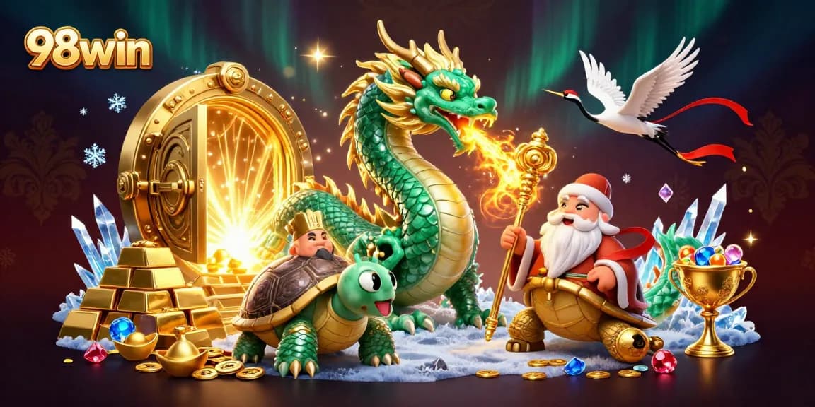 Bet big with 98win's dazzling 3D casino scene featuring vibrant characters and golden treasures.