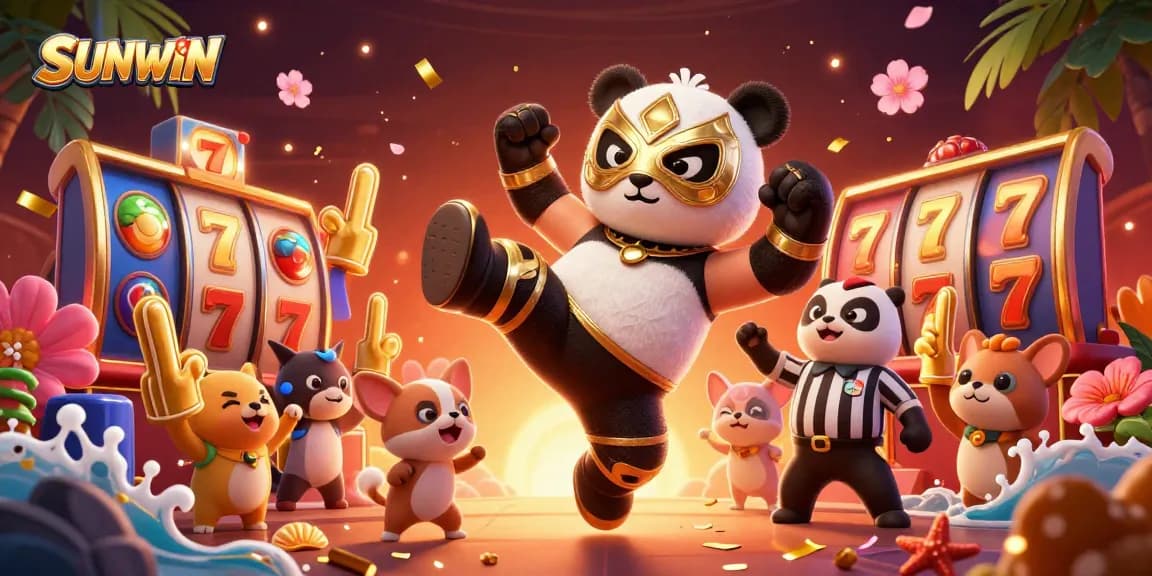 SUNWIN's dynamic gambling scene showcasing a wrestling panda and vibrant casino elements.