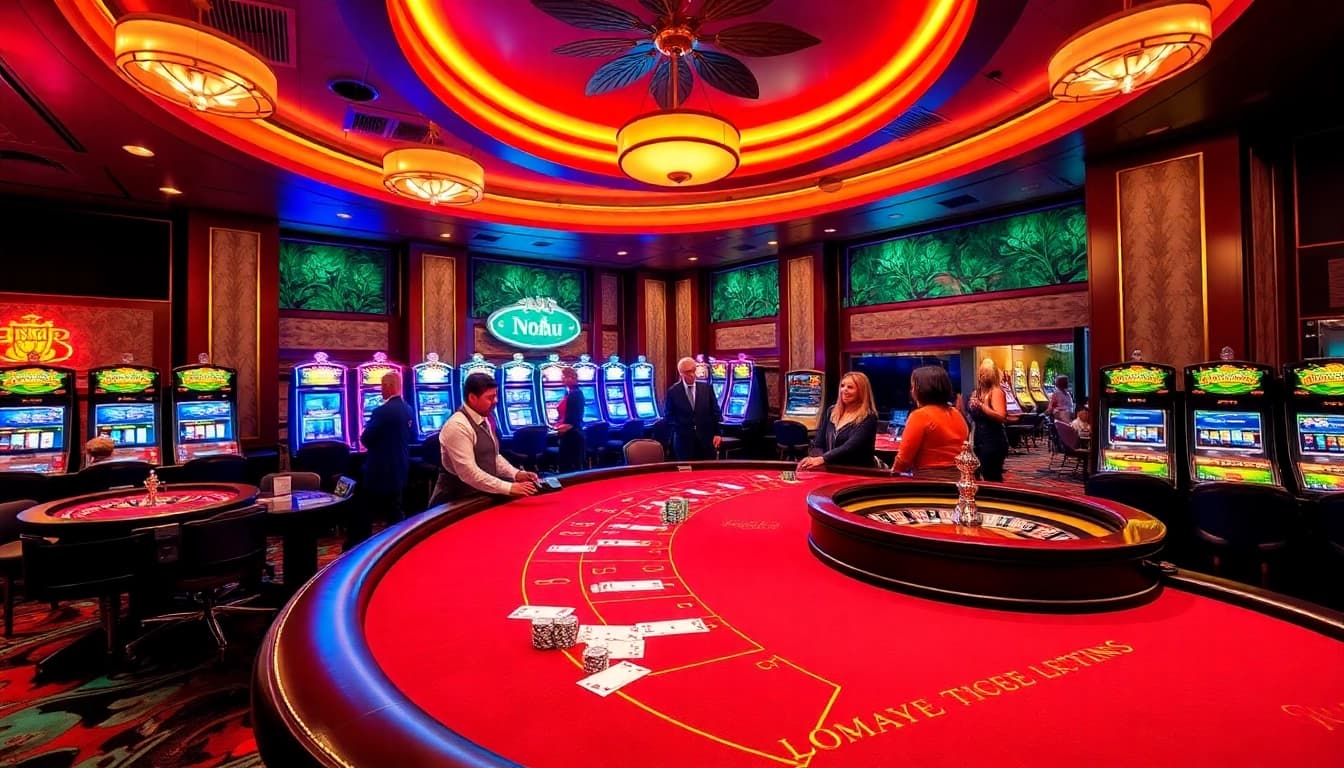 Nohu themed luxury casino gaming scene with vibrant tables and eager players.