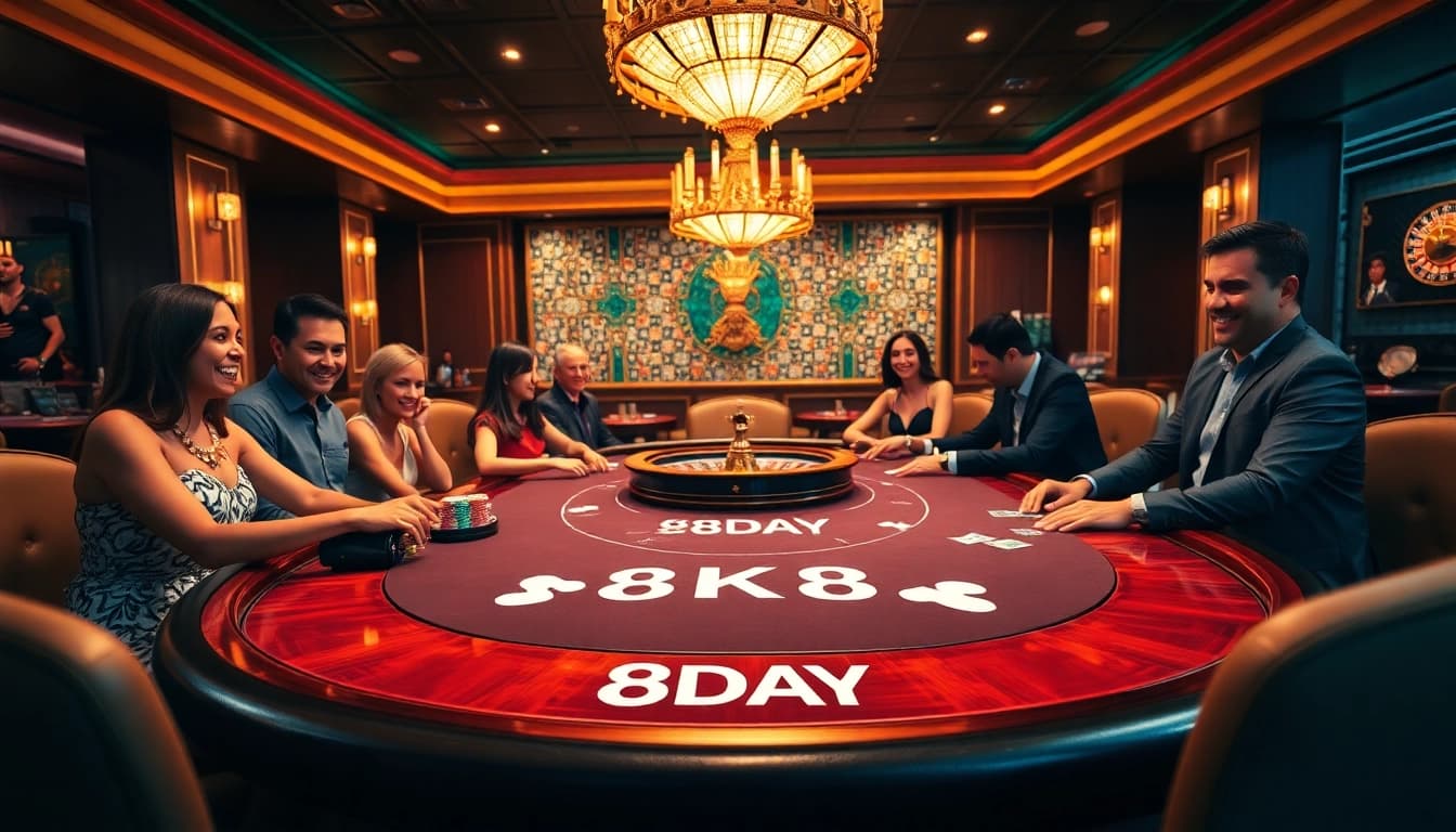 8DAY players strategically assess their cards at a luxury poker table in an upscale casino setting.