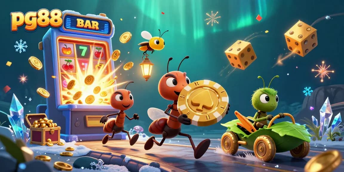 Experience excitement with pg88 as ants embark on a heist carrying a colossal poker chip.