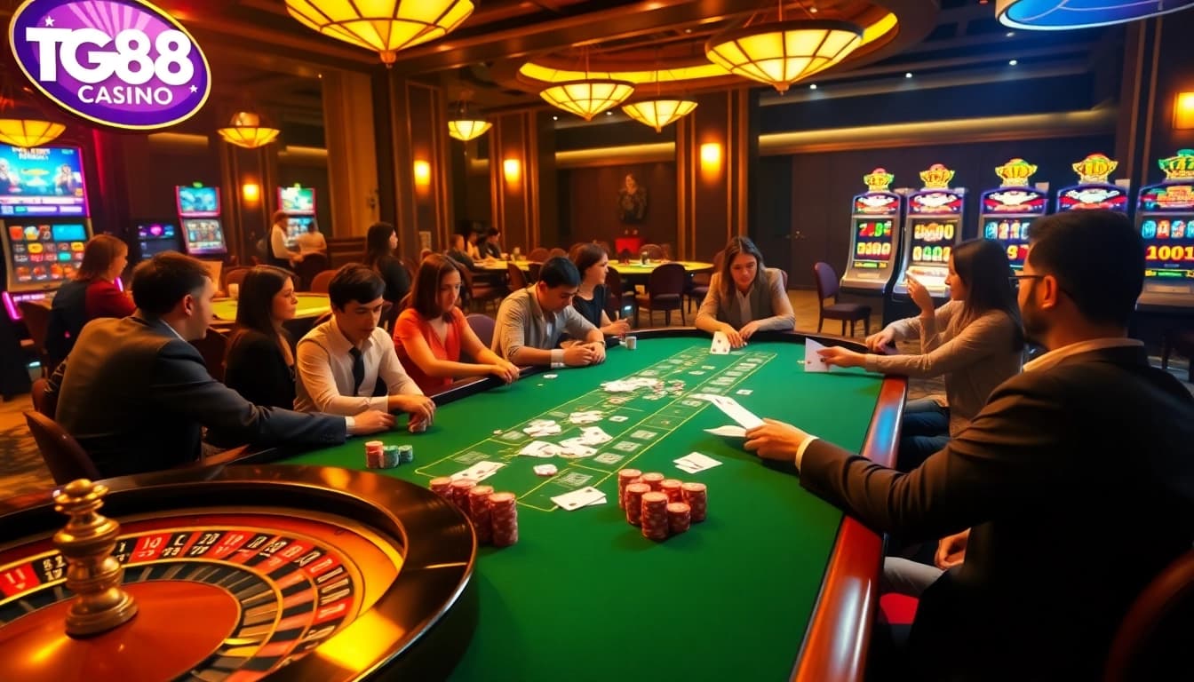 Players enjoying a thrilling poker game with TG88 poker chips, capturing the excitement of casino life.
