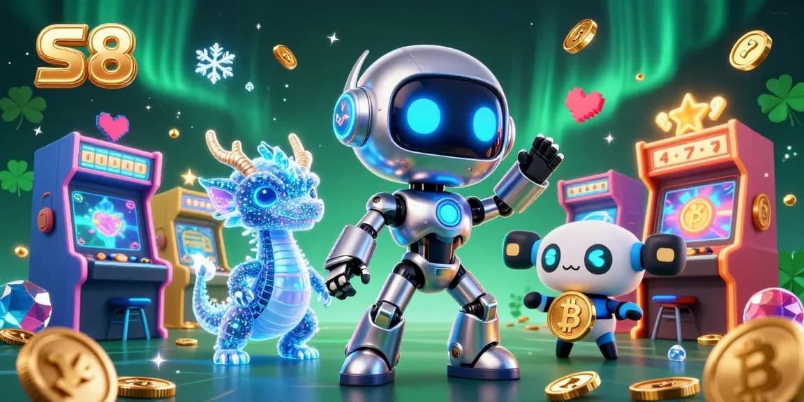 S8 casino excitement with a futuristic robot, AI dragon, and bitcoin drone amidst vibrant gaming elements.