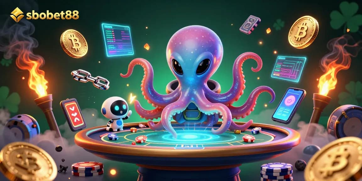 Engage in thrilling SBOBET88 gaming with an alien octopus and robot in a cosmic casino.