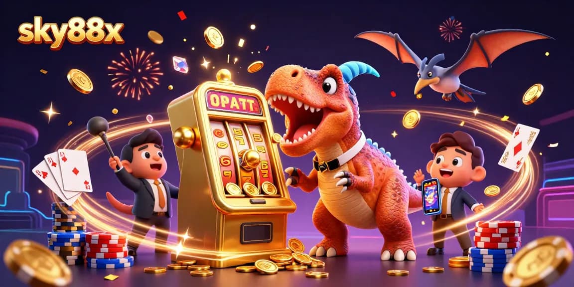 Sky88x showcases an exhilarating casino scene with animated dinosaurs in action.