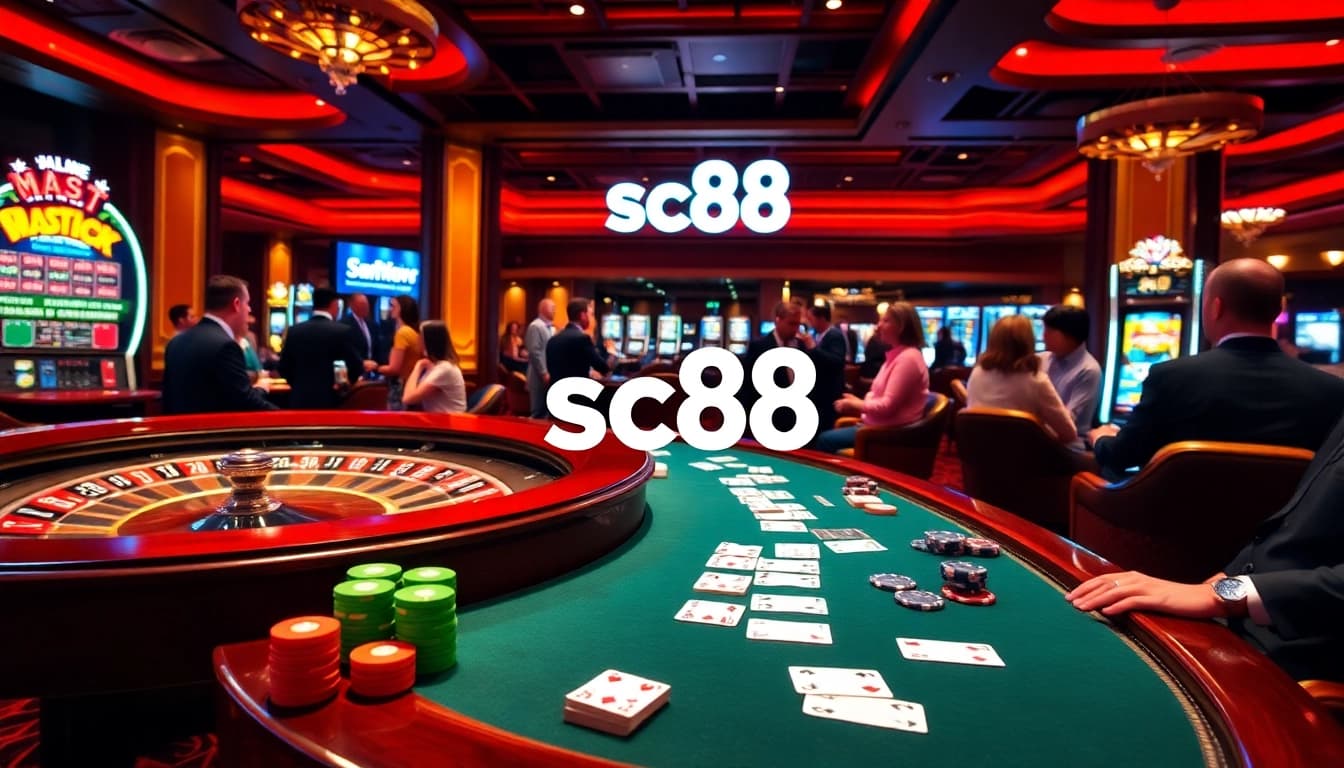 sc88 players enjoy a thrilling game at a vibrant casino table with luxurious props.
