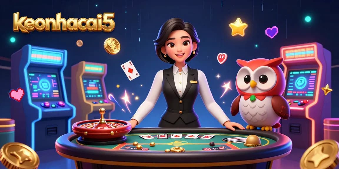 Bet on keonhacai5 for thrilling online casino action featuring dealers, cards, and vibrant game elements.