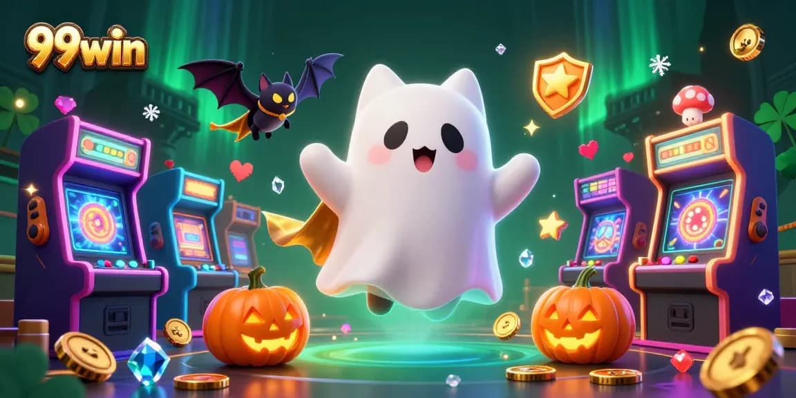 Engage with the vibrant 99win casino-themed illustration showcasing a friendly ghost cat and vampire bat amid exciting gaming elements.